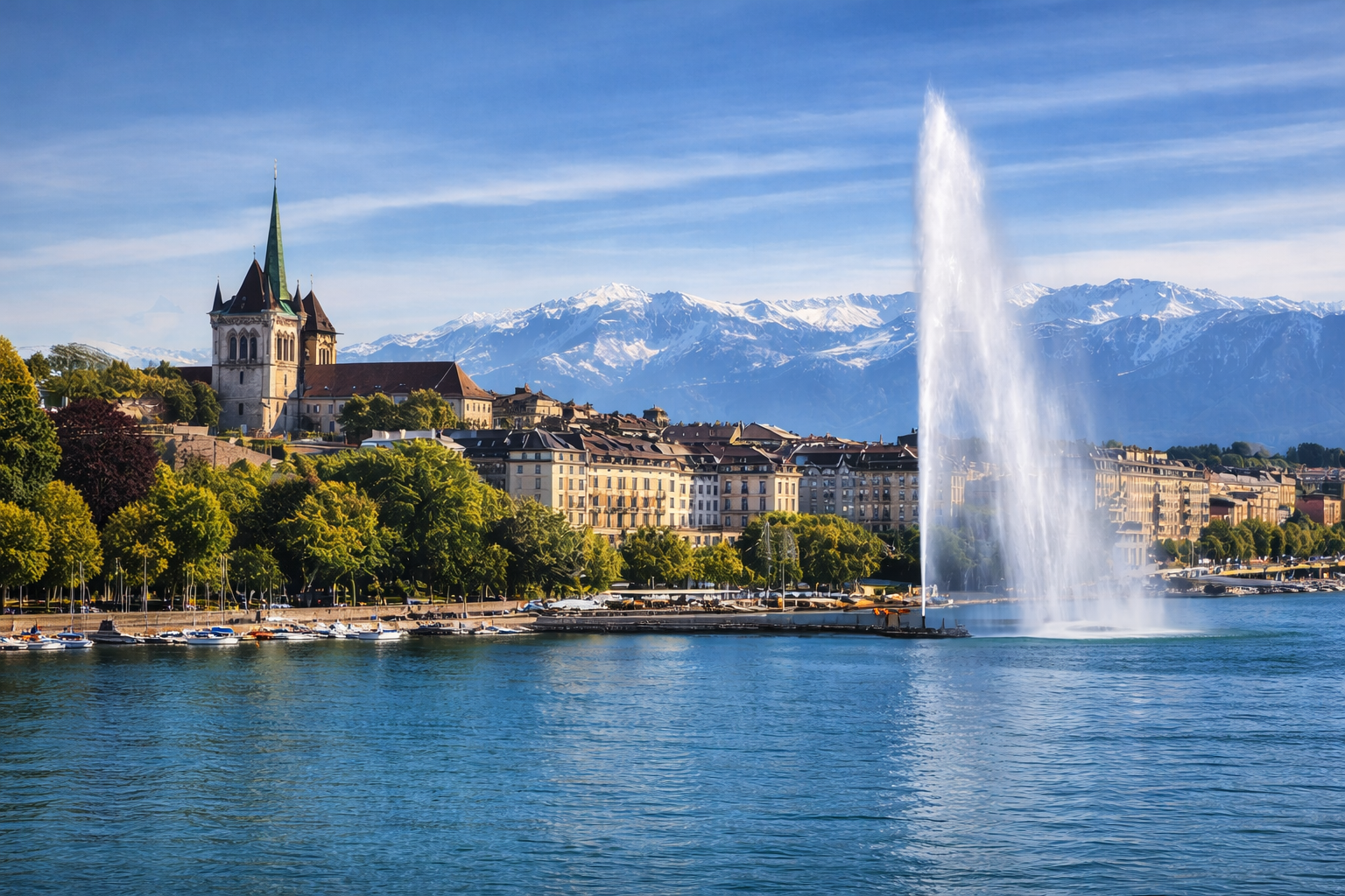 Vue de Genève avec le Jet d’Eau et la cathédrale Saint-Pierre au bord du lac Léman